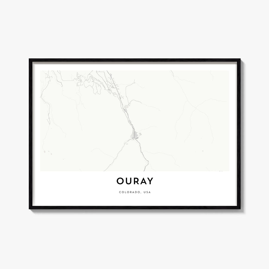 Ouray black & white map poster of Colorado, USA – horizontal wall art, unframed print shown in interior mockup