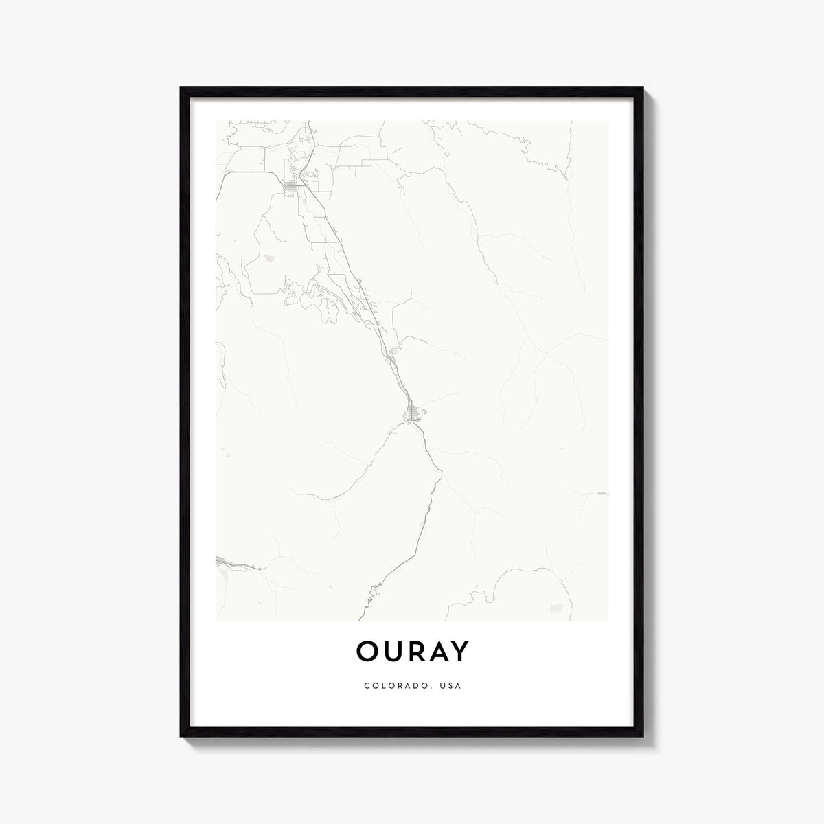 Ouray black & white map poster of Colorado, USA – vertical wall art, unframed print shown in interior mockup