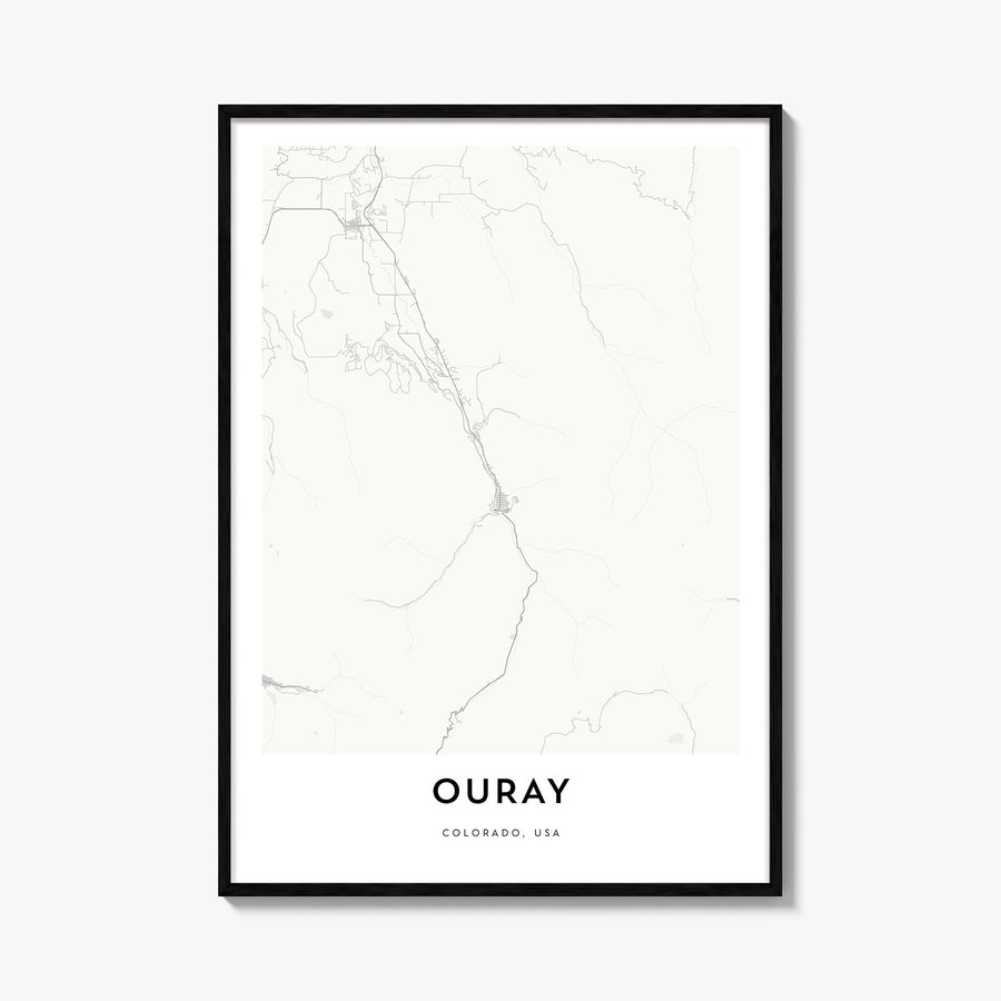 Ouray black & white map poster of Colorado, USA – vertical wall art, unframed print shown in interior mockup