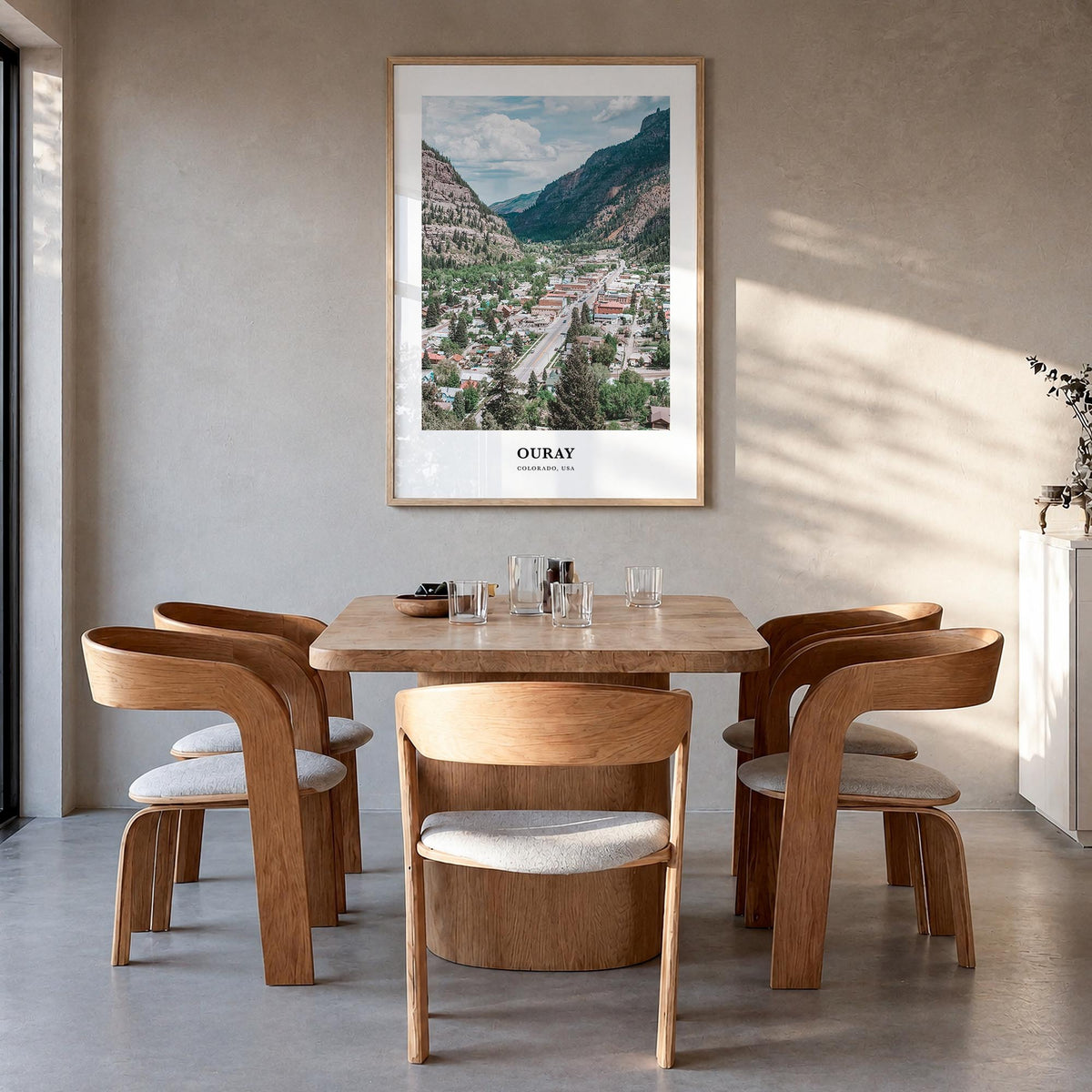 Ouray colorful classic poster of Colorado, USA – vertical wall art in natural wood frame, hanging on wall