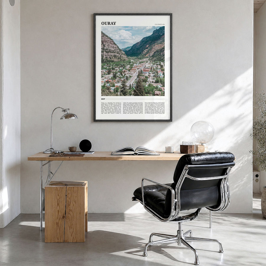 Ouray Travel Poster in a black wood frame, hanging in a bright home office