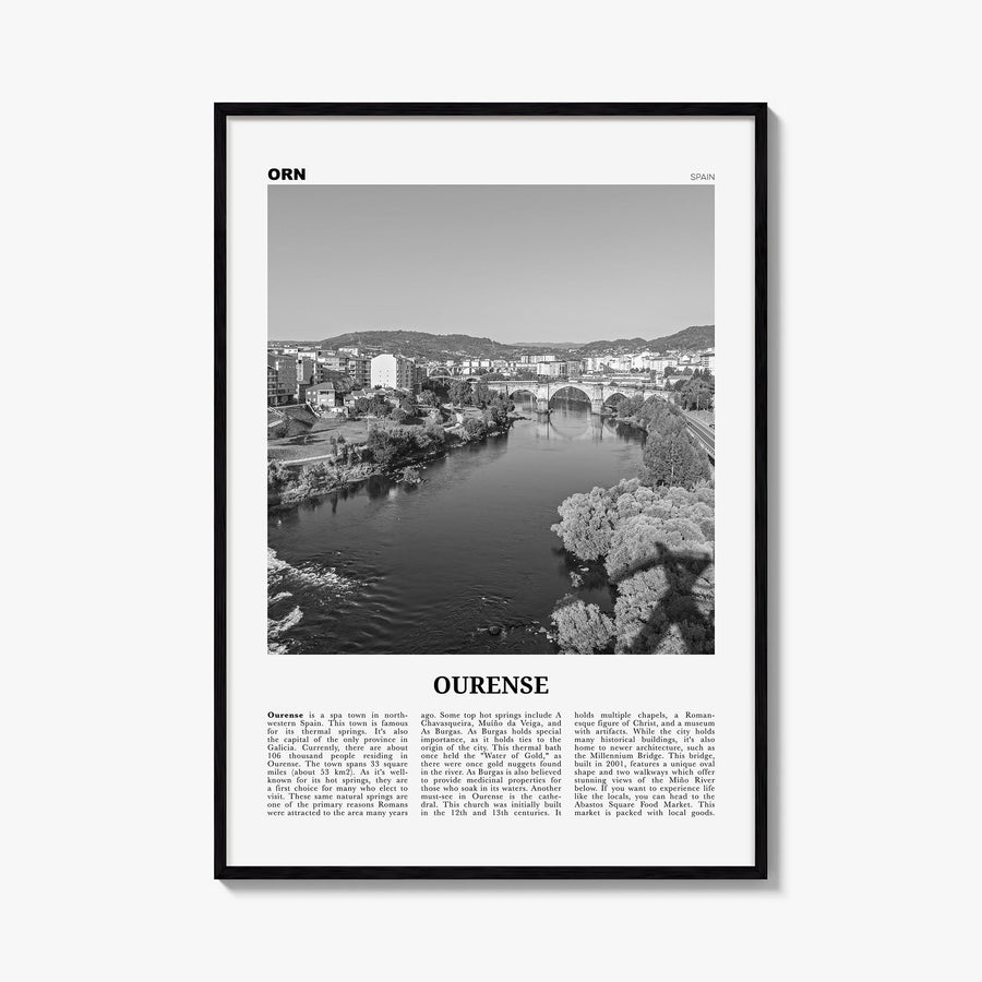 Ourense black & white newspaper poster of Spain – vertical wall art, unframed print shown in interior mockup