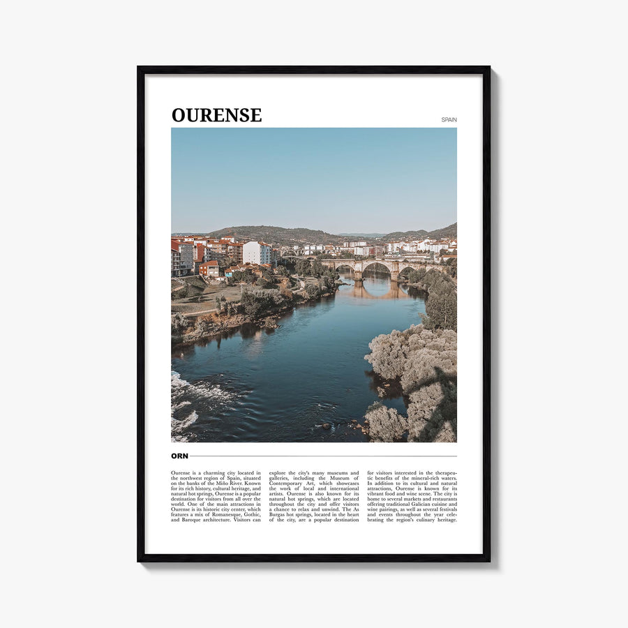 Ourense colorful travel poster of Spain – vertical wall art, unframed print shown in interior mockup