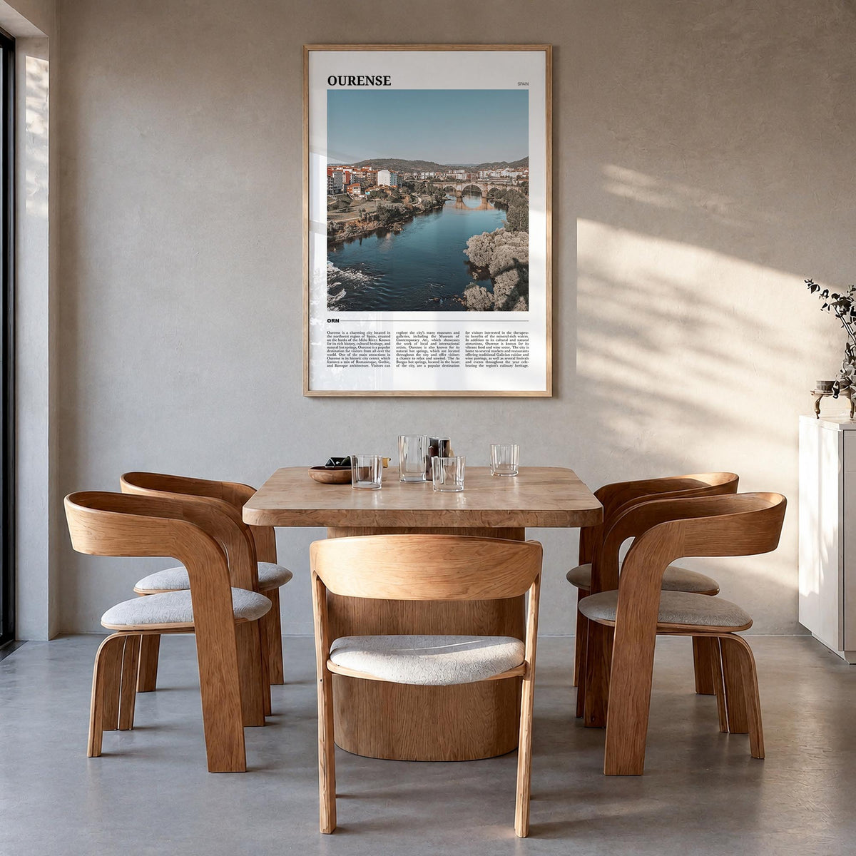 Ourense colorful travel poster of Spain – vertical wall art in natural wood frame, hanging on wall