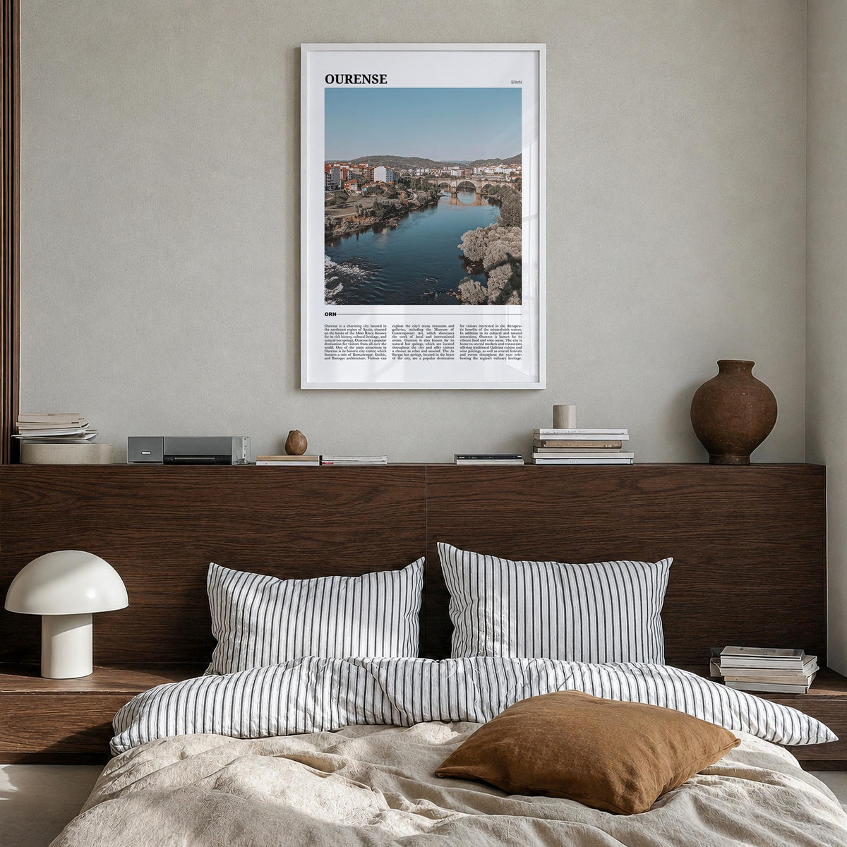 Ourense colorful travel poster of Spain – vertical wall art in white wood frame, hanging on wall