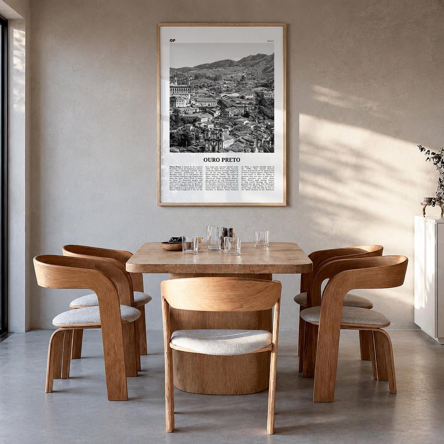 Ouro Preto black & white newspaper poster of Brazil – vertical wall art in natural wood frame, hanging on wall