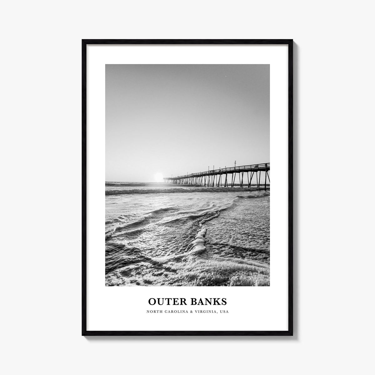 Outer Banks black & white classic poster of North Carolina & Virginia, USA – vertical wall art, unframed print shown in inter