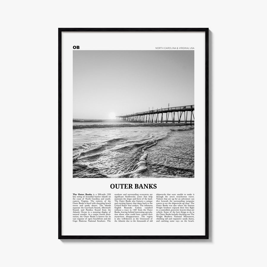 Outer Banks black & white newspaper poster of North Carolina & Virginia, USA – vertical wall art, unframed print shown in int