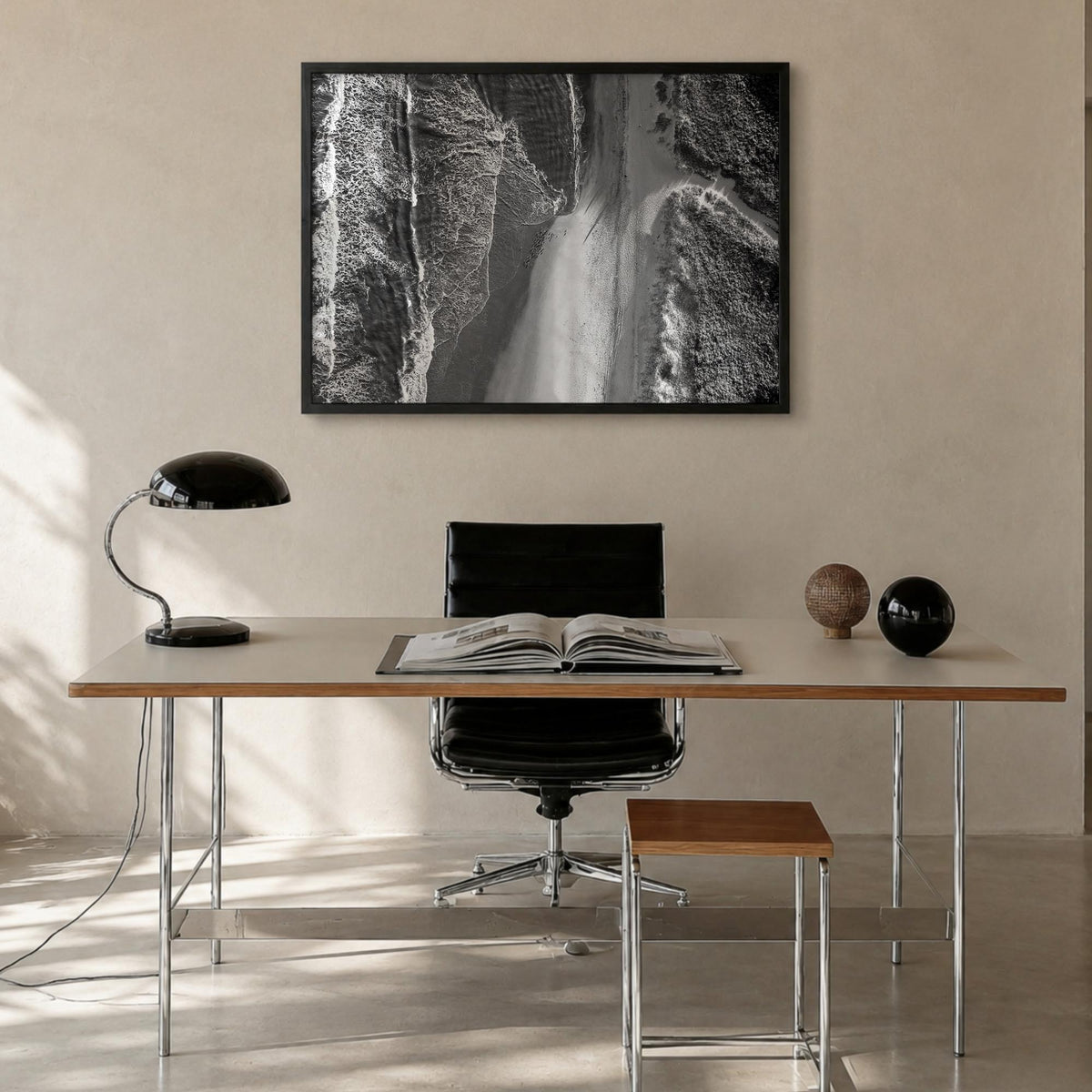 Outer Banks black & white photo poster of North Carolina & Virginia, USA – horizontal wall art in black wood frame, hanging o
