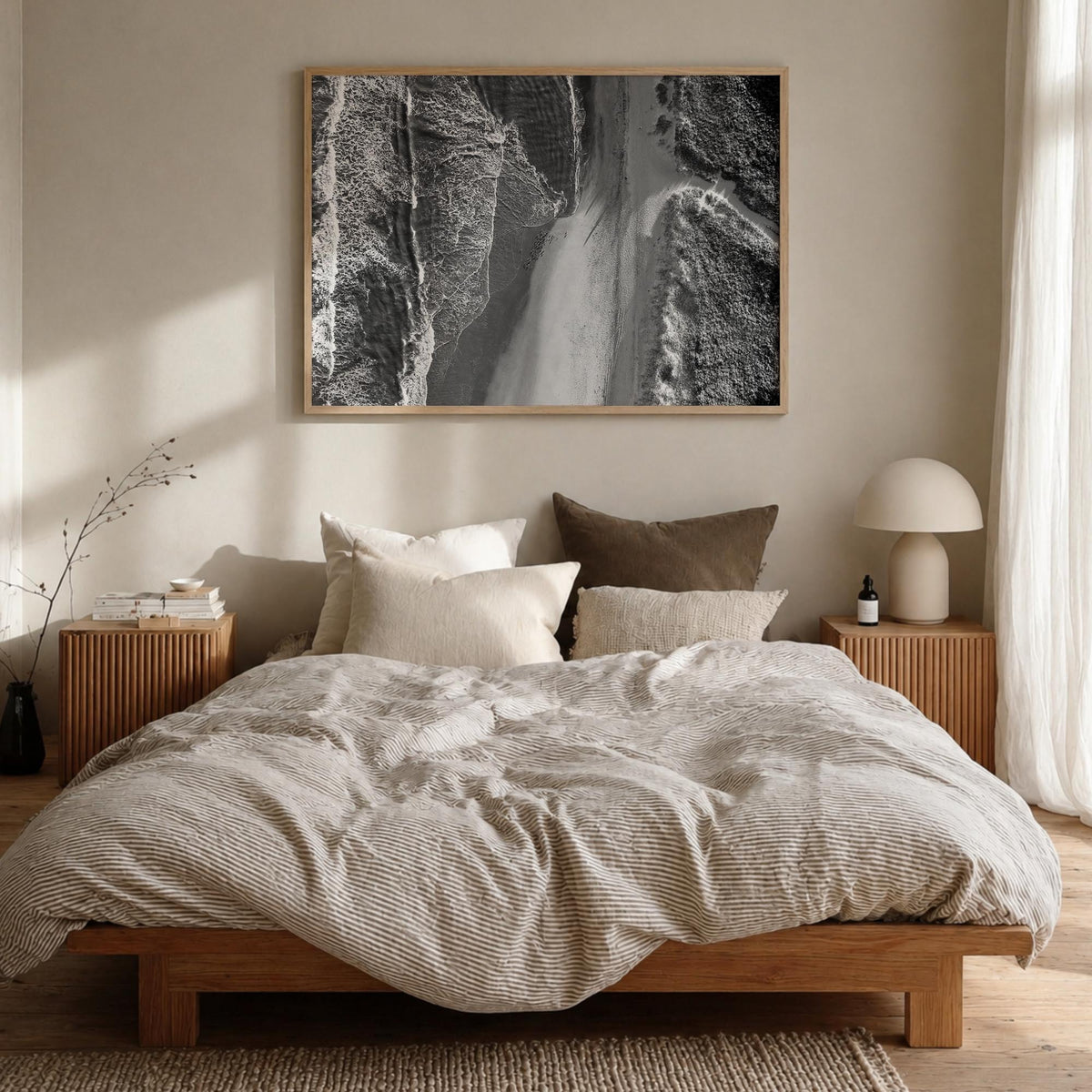 Outer Banks black & white photo poster of North Carolina & Virginia, USA – horizontal wall art in natural wood frame, hanging