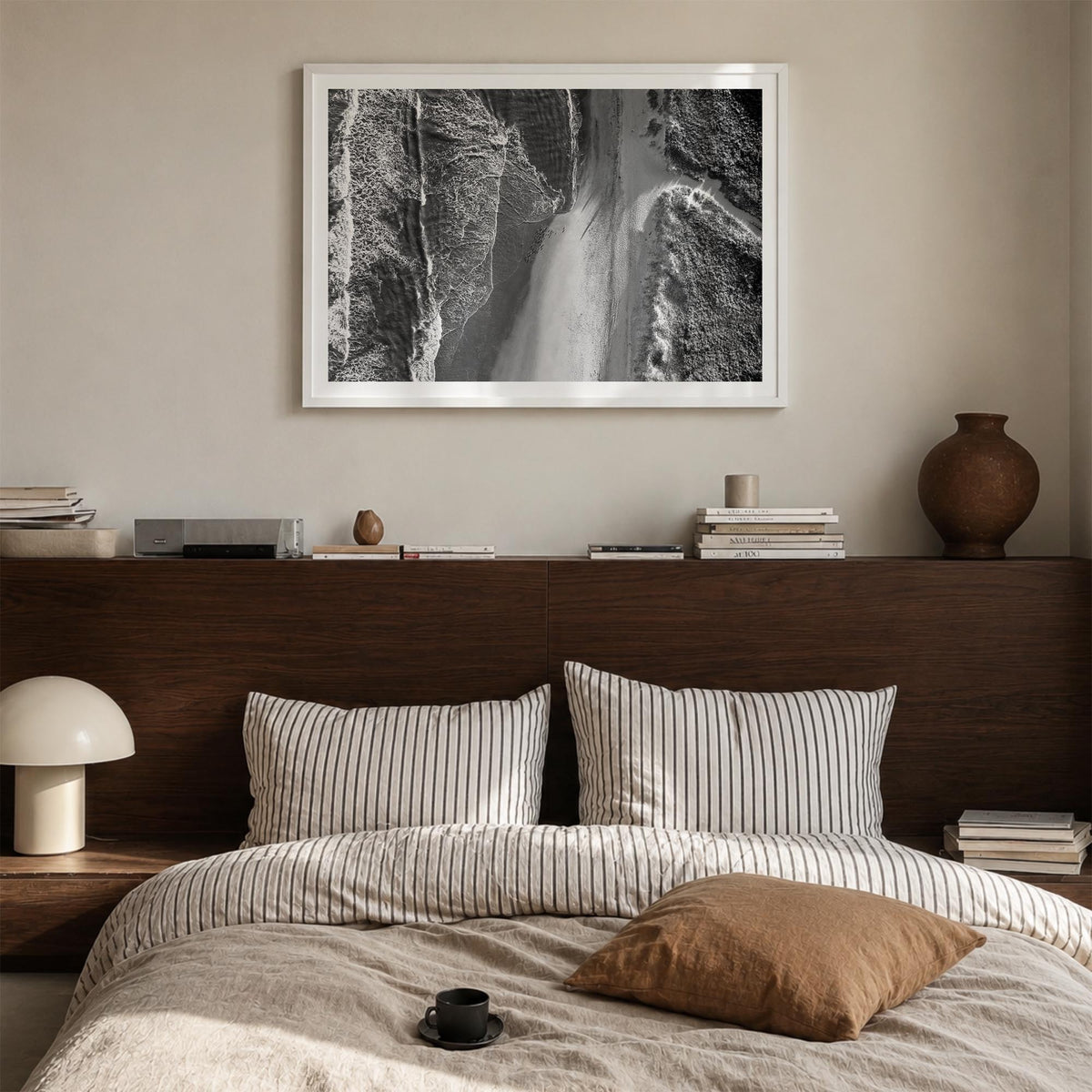 Outer Banks black & white photo poster of North Carolina & Virginia, USA – horizontal wall art in white wood frame with white