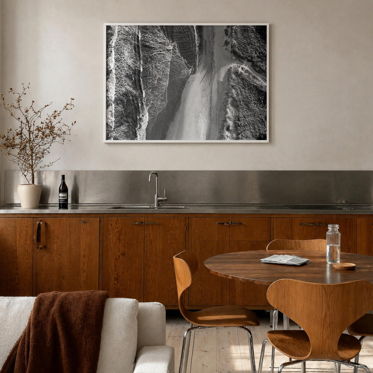 Outer Banks black & white photo poster of North Carolina & Virginia, USA – horizontal wall art in white wood frame, hanging o
