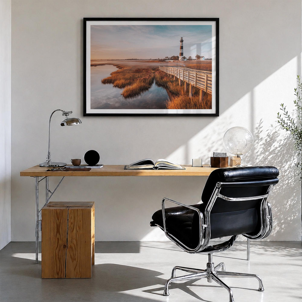 Outer Banks colorful photo poster of North Carolina & Virginia, USA – horizontal wall art in black wood frame with white bord