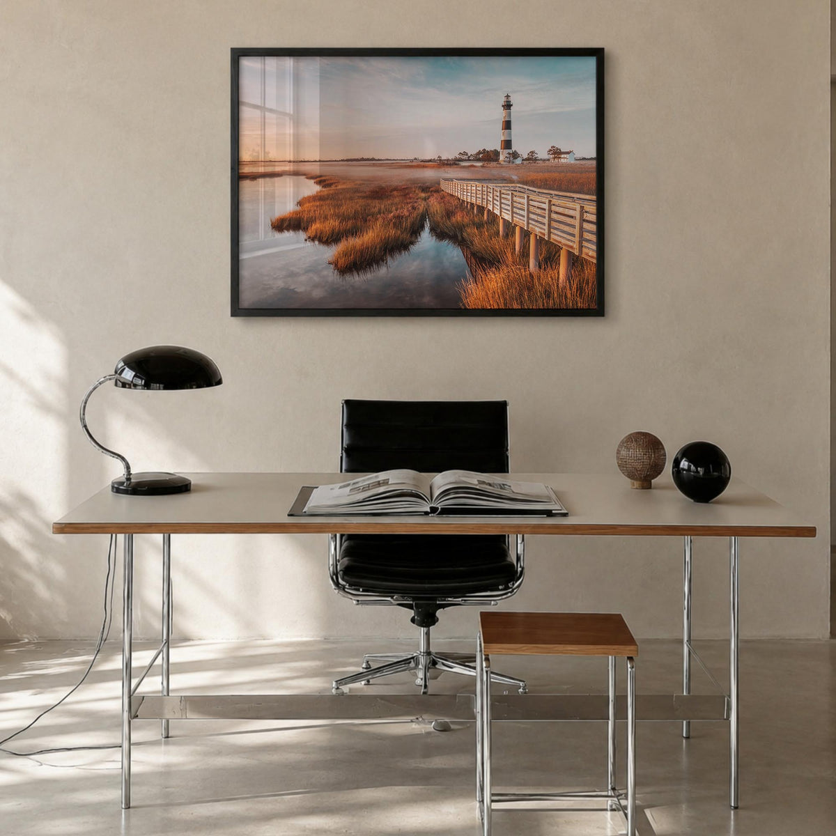 Outer Banks colorful photo poster of North Carolina & Virginia, USA – horizontal wall art in black wood frame, hanging on wal