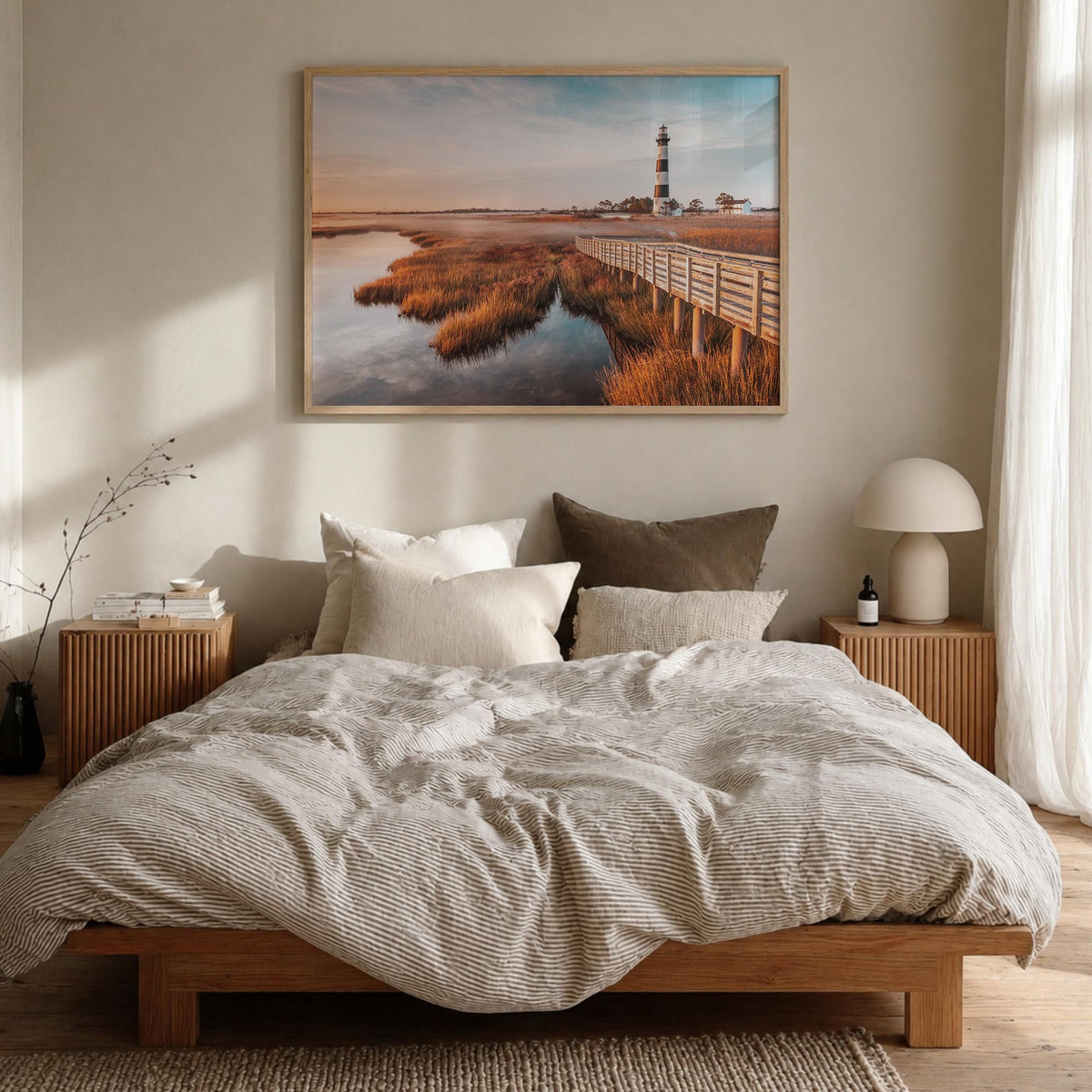 Outer Banks colorful photo poster of North Carolina & Virginia, USA – horizontal wall art in natural wood frame, hanging on w