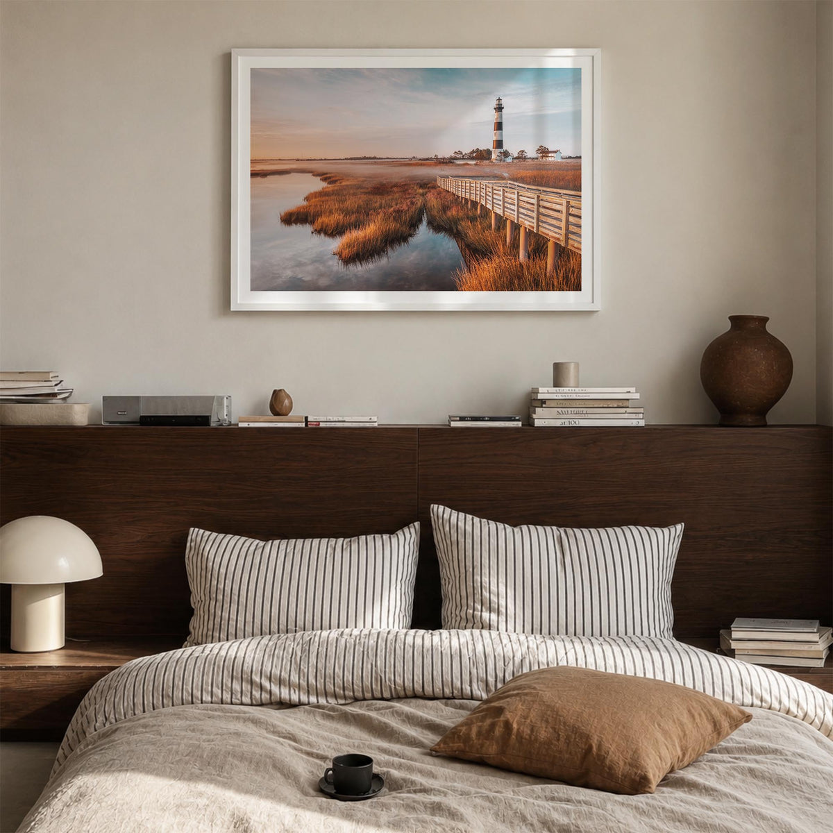 Outer Banks colorful photo poster of North Carolina & Virginia, USA – horizontal wall art in white wood frame with white bord