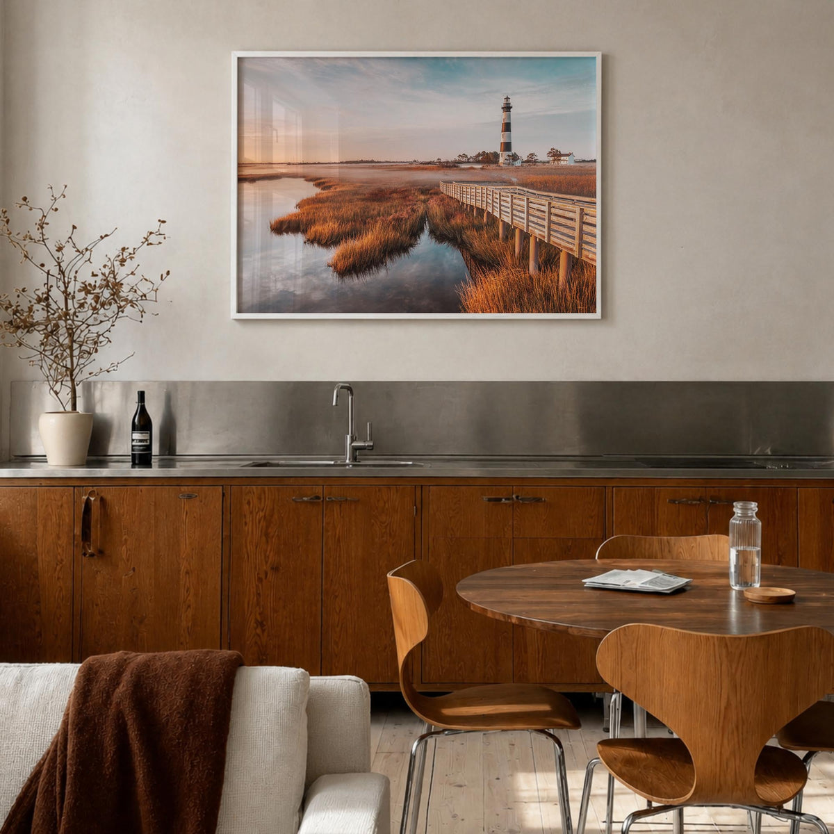 Outer Banks colorful photo poster of North Carolina & Virginia, USA – horizontal wall art in white wood frame, hanging on wal