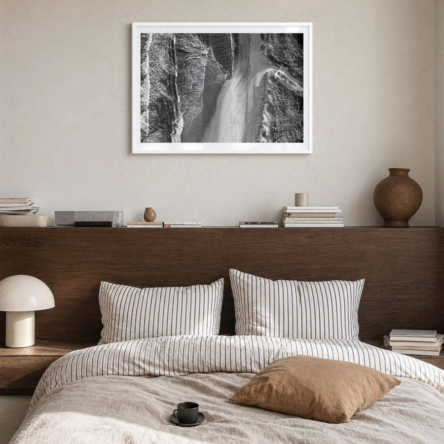 Outer Banks Photo Poster in a white wood frame, hanging in a bedroom, white border