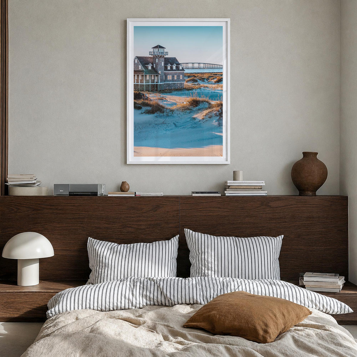 Outer Banks no. 2 colorful photo poster of North Carolina & Virginia, USA – vertical wall art in white wood frame with white 