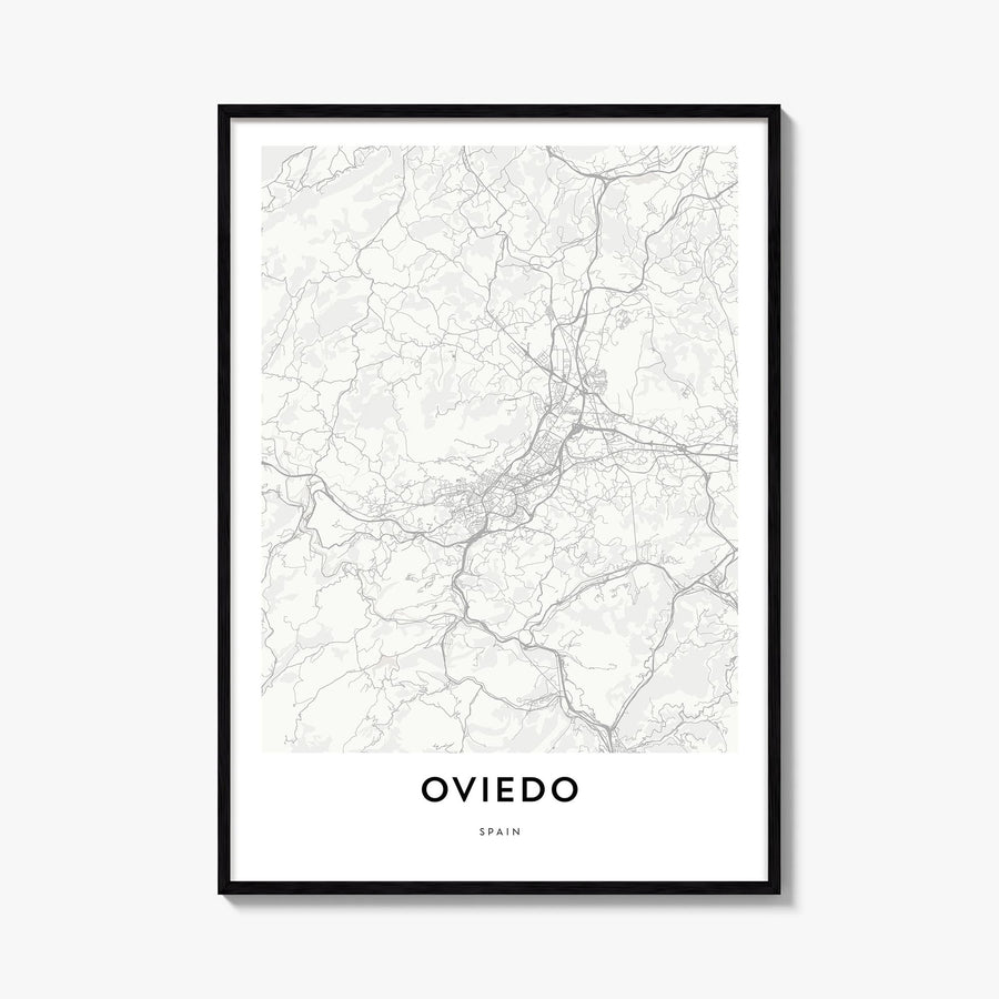 Oviedo black & white map poster of Spain – vertical wall art, unframed print shown in interior mockup