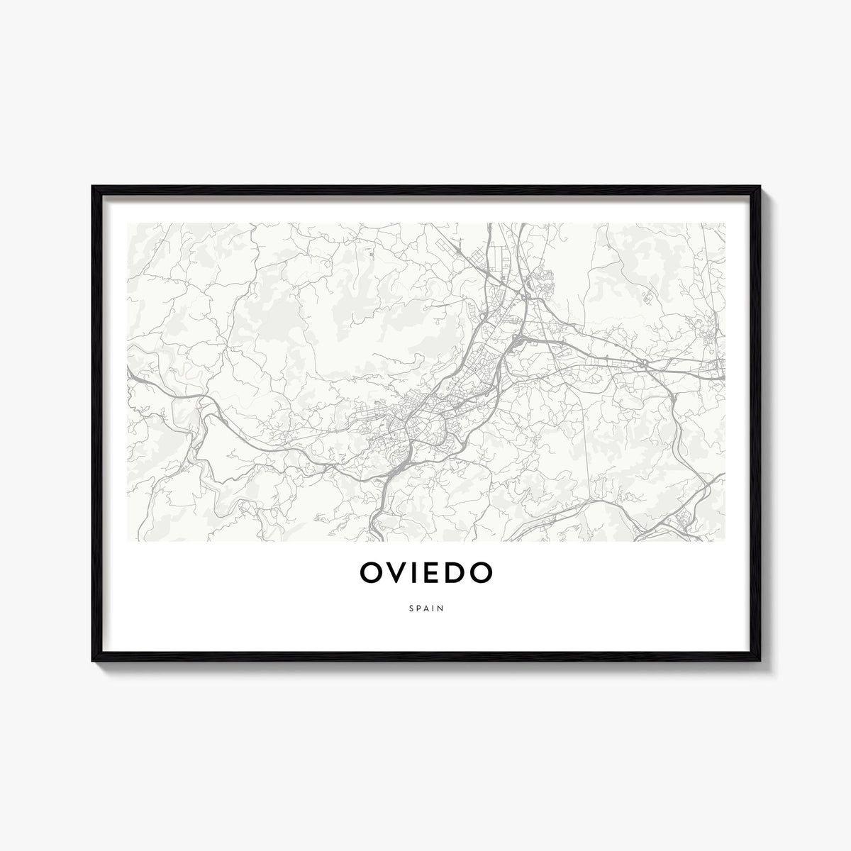 Oviedo black & white map poster of Spain – horizontal wall art, unframed print shown in interior mockup