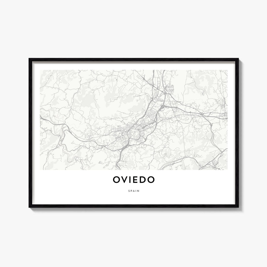Oviedo black & white map poster of Spain – horizontal wall art, unframed print shown in interior mockup