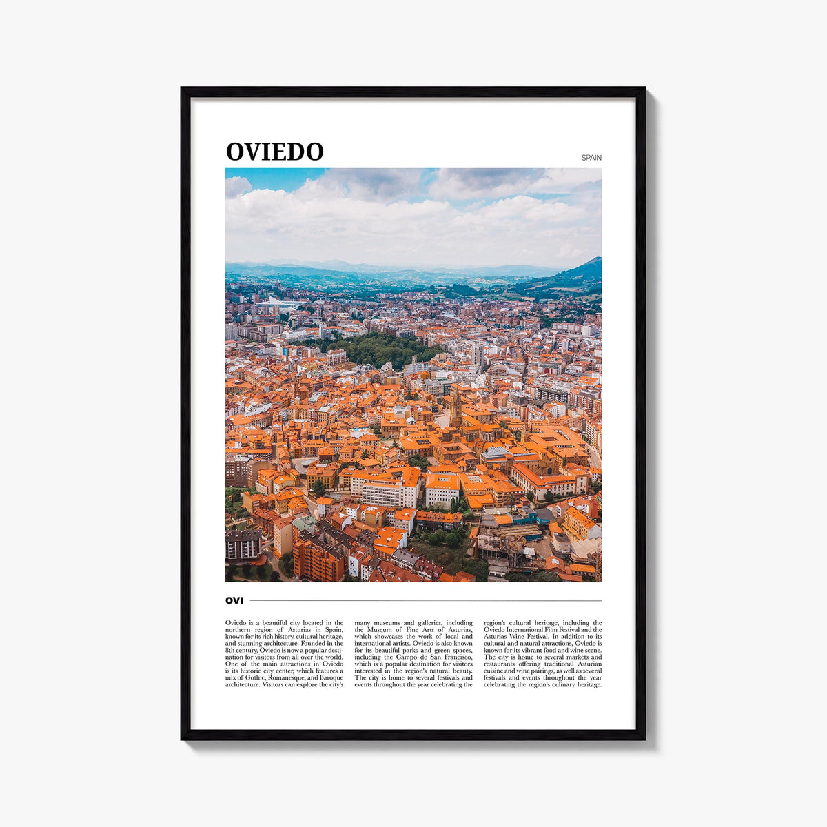 Oviedo colorful travel poster of Spain – vertical wall art, unframed print shown in interior mockup