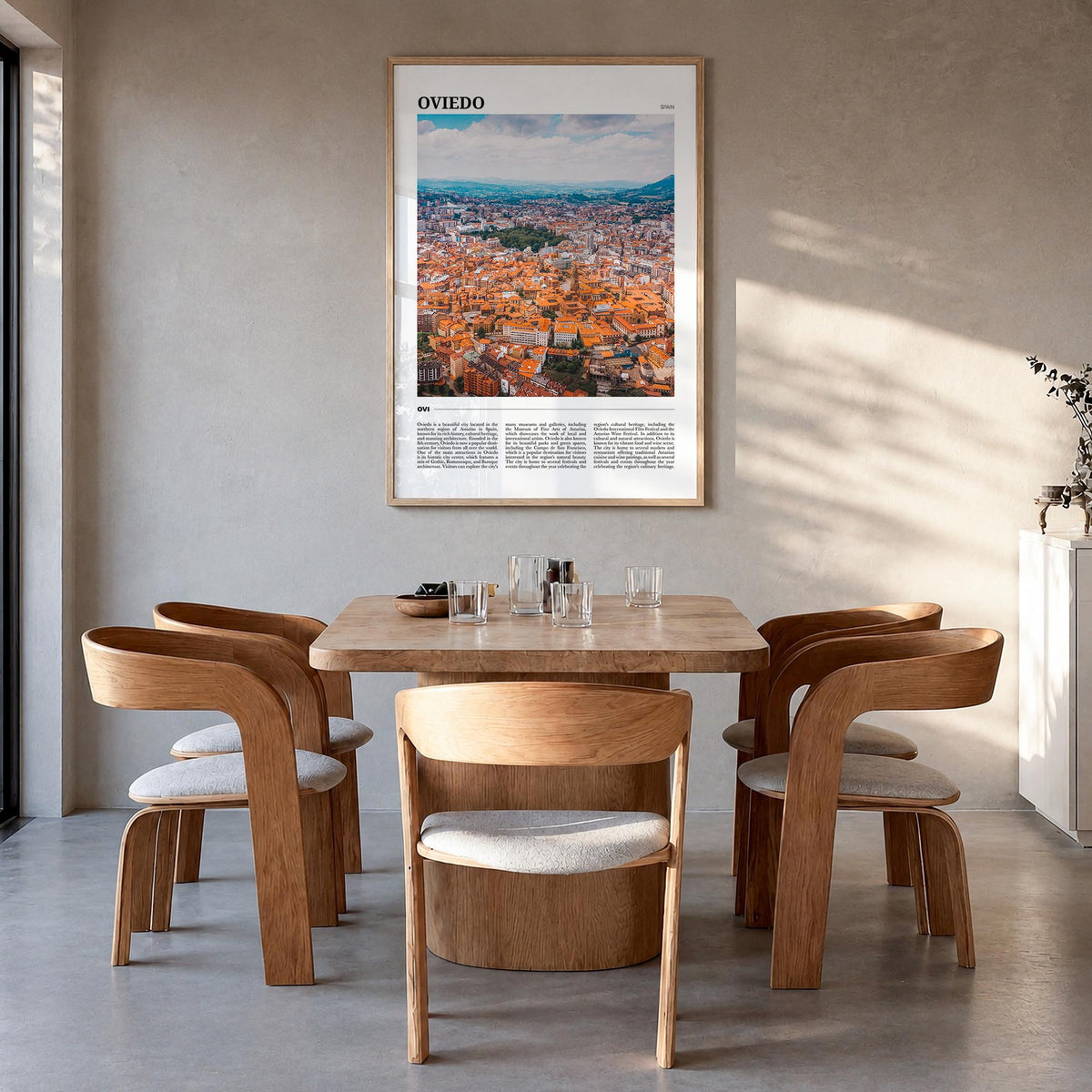 Oviedo colorful travel poster of Spain – vertical wall art in natural wood frame, hanging on wall