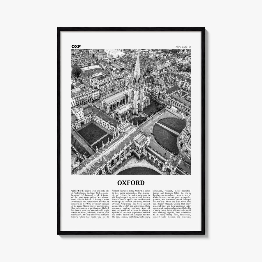 Oxford, England black & white newspaper poster of United Kingdom – vertical wall art, unframed print shown in interior mockup