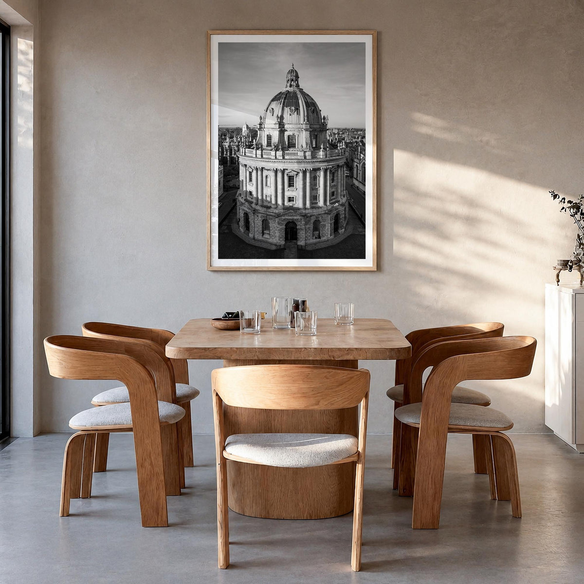 Oxford, England black & white photo poster of United Kingdom – vertical wall art in natural wood frame with white border, han