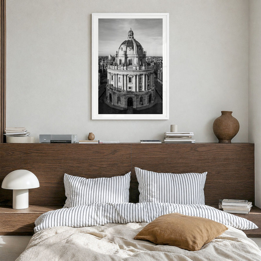 Oxford, England Photo Poster in a white wood frame, hanging in a bedroom, white border