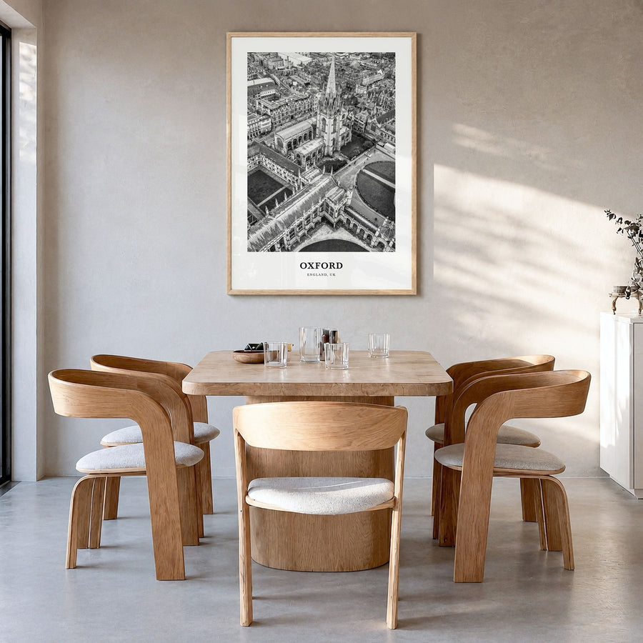 Oxford, England Classic Poster in a natural wood frame, hanging in a dining room