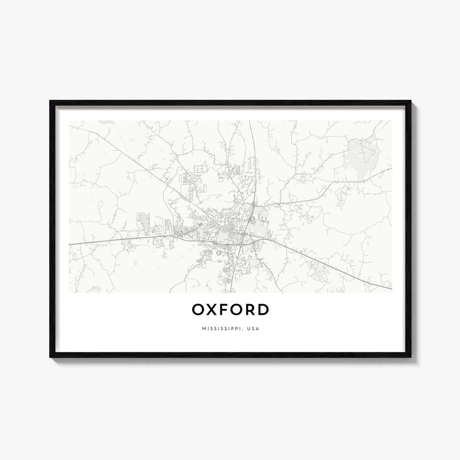 Oxford, Mississippi black & white map poster of Mississippi, USA – horizontal wall art, unframed print shown in interior mock
