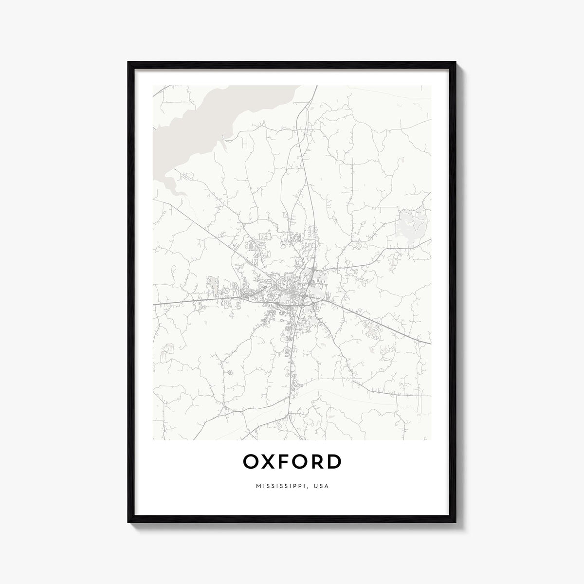 Oxford, Mississippi black & white map poster of Mississippi, USA – vertical wall art, unframed print shown in interior mockup