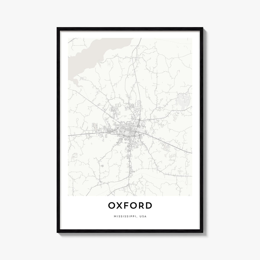 Oxford, Mississippi black & white map poster of Mississippi, USA – vertical wall art, unframed print shown in interior mockup