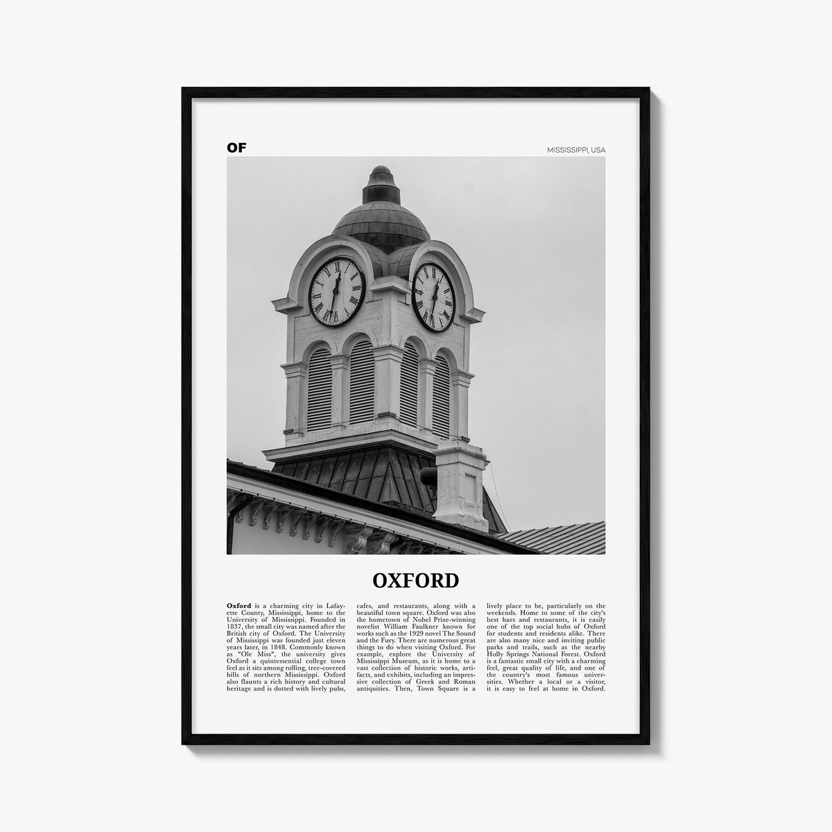 Oxford, Mississippi black & white newspaper poster of Mississippi, USA – vertical wall art, unframed print shown in interior 