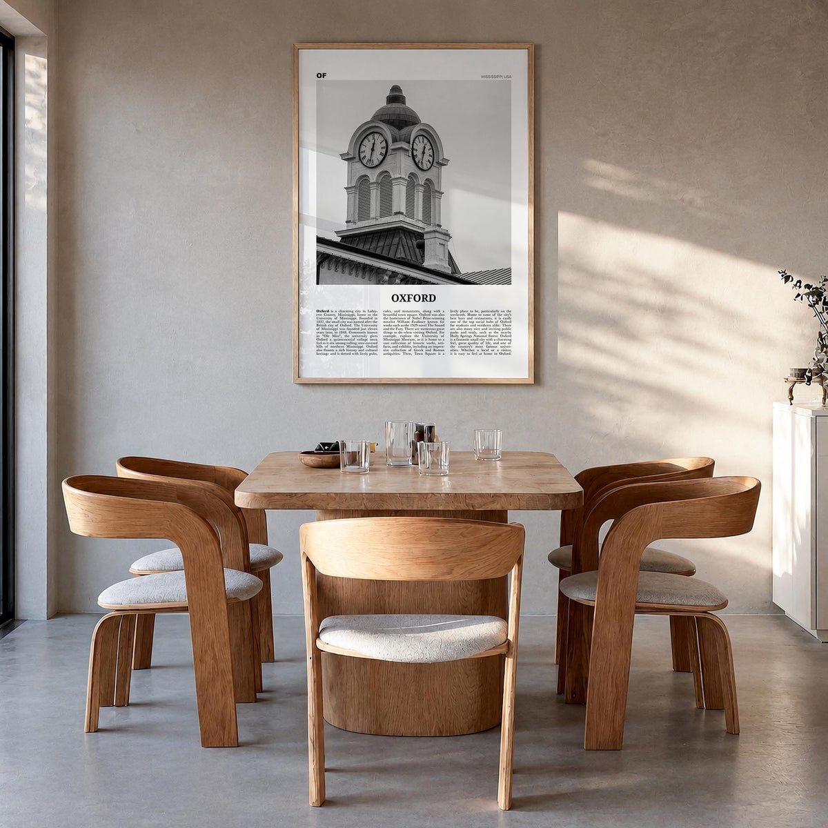 Oxford, Mississippi black & white newspaper poster of Mississippi, USA – vertical wall art in natural wood frame, hanging on 