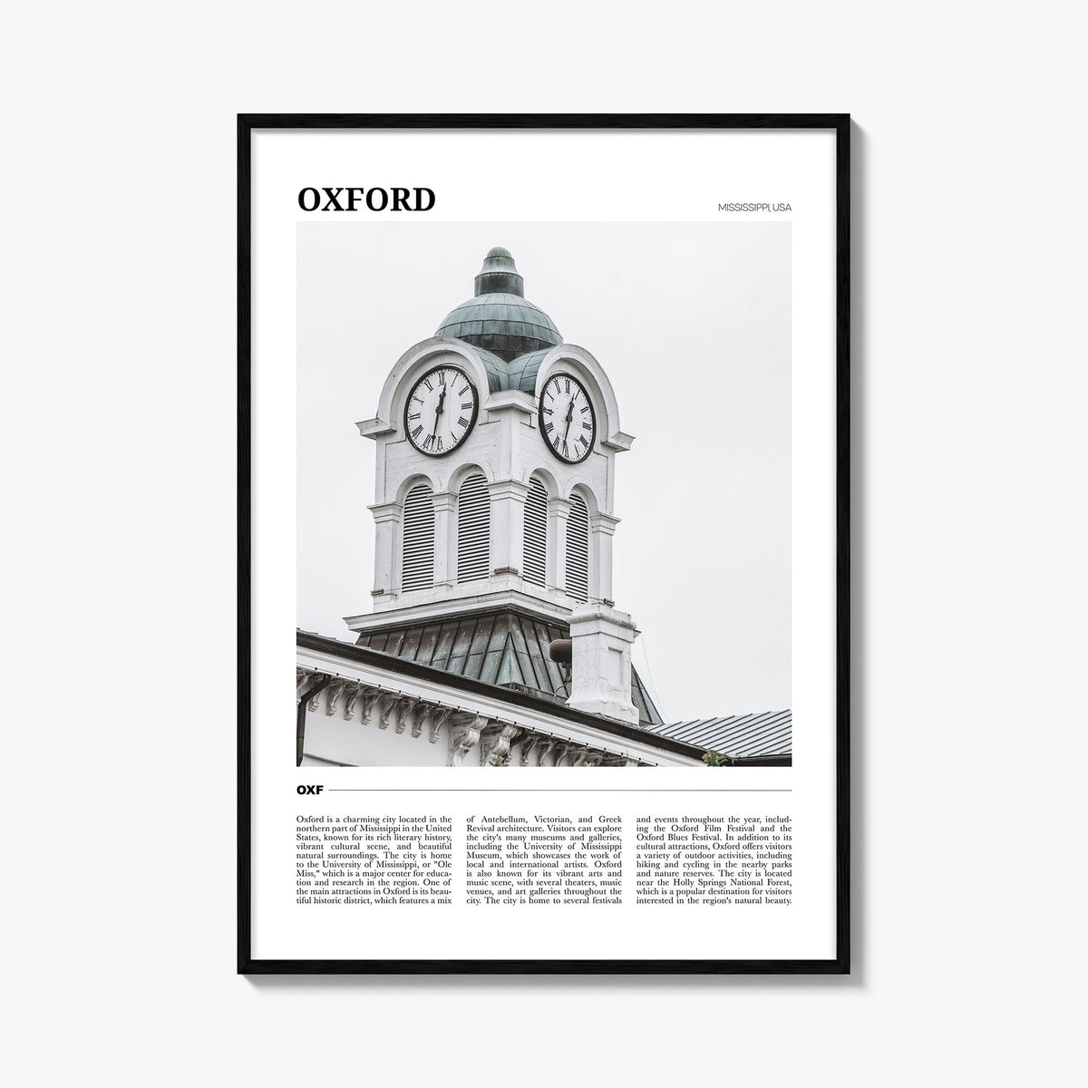 Oxford, Mississippi colorful travel poster of Mississippi, USA – vertical wall art, unframed print shown in interior mockup