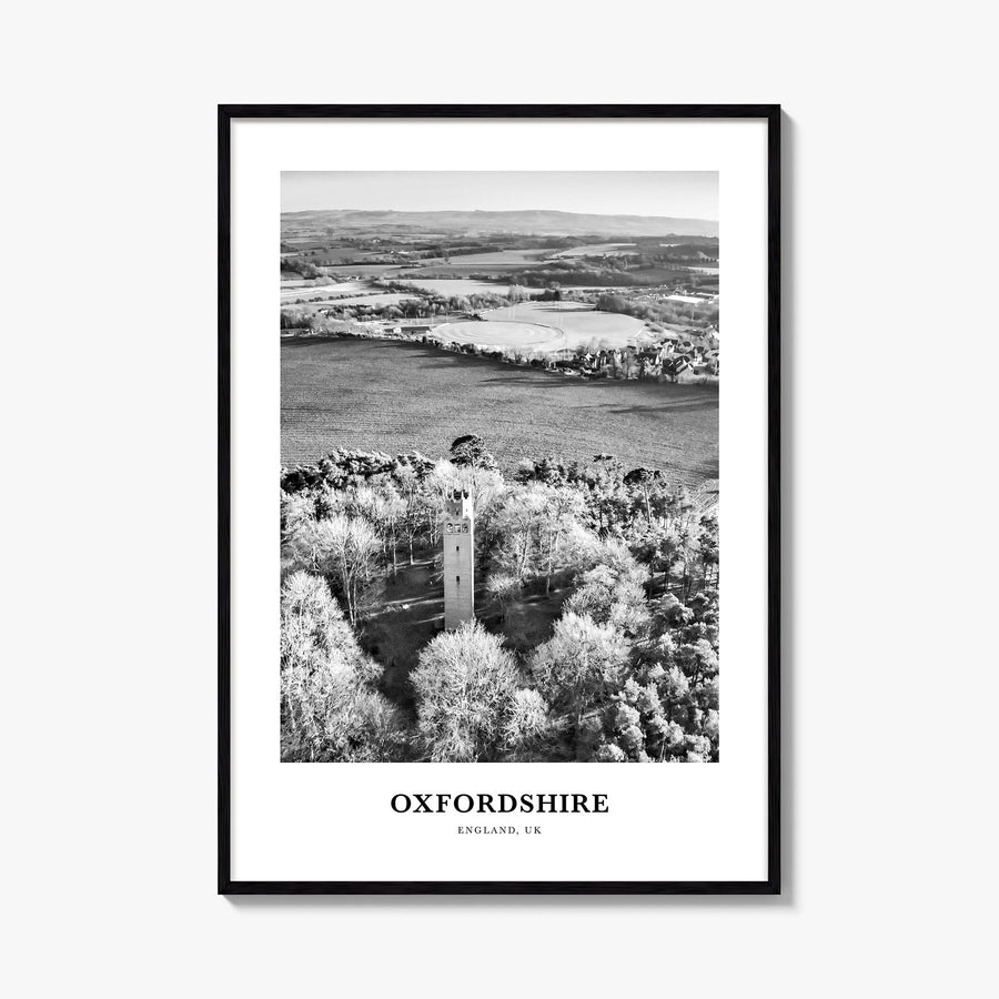 Oxfordshire black & white classic poster of United Kingdom – vertical wall art, unframed print shown in interior mockup