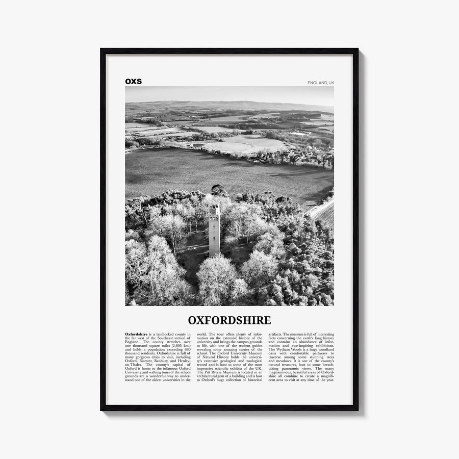 Oxfordshire black & white newspaper poster of United Kingdom – vertical wall art, unframed print shown in interior mockup