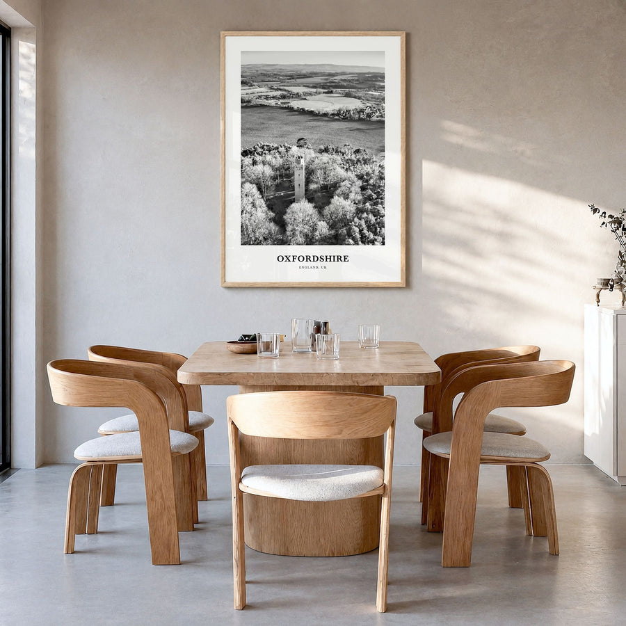 Oxfordshire Classic Poster in a natural wood frame, hanging in a dining room