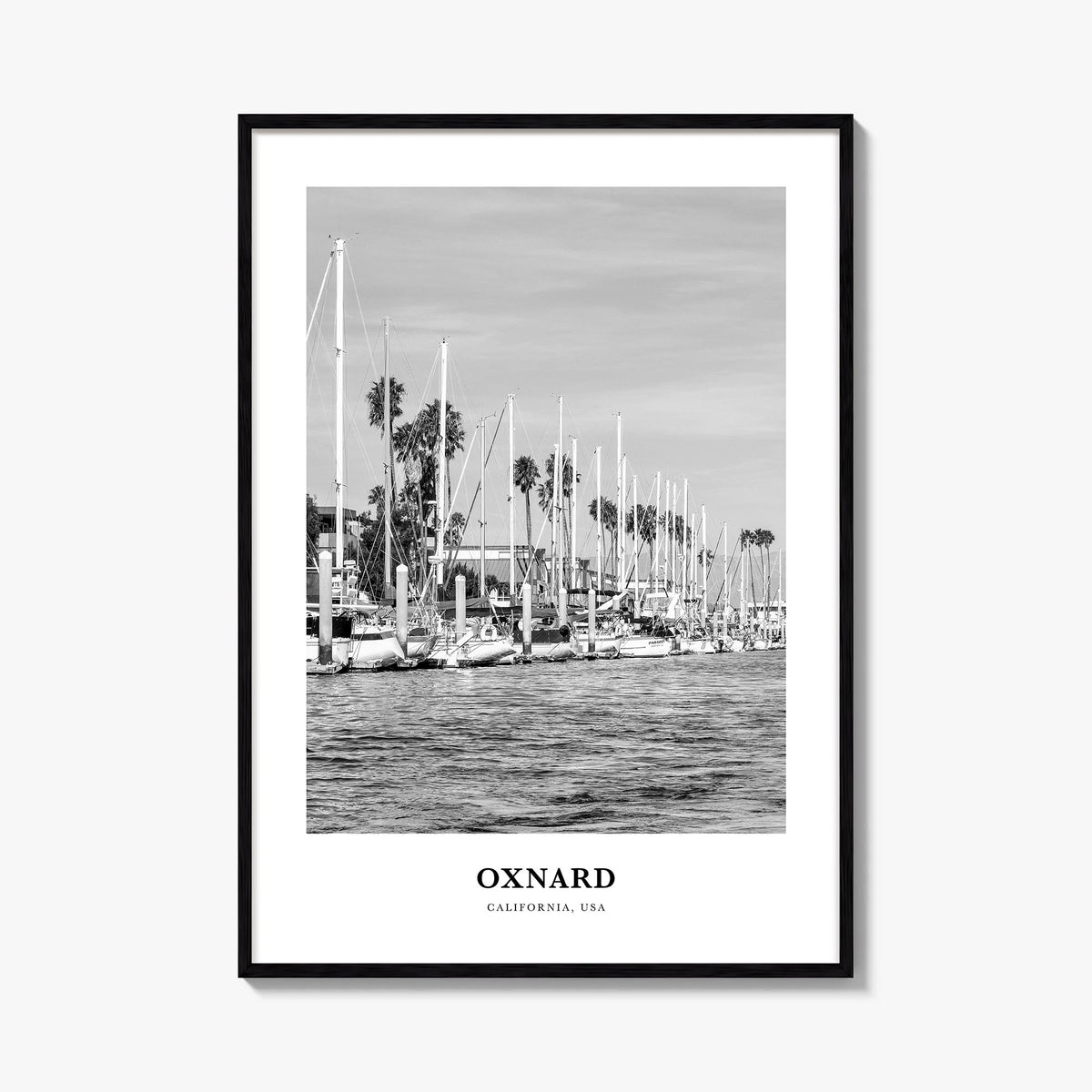 Oxnard black & white classic poster of California, USA – vertical wall art, unframed print shown in interior mockup