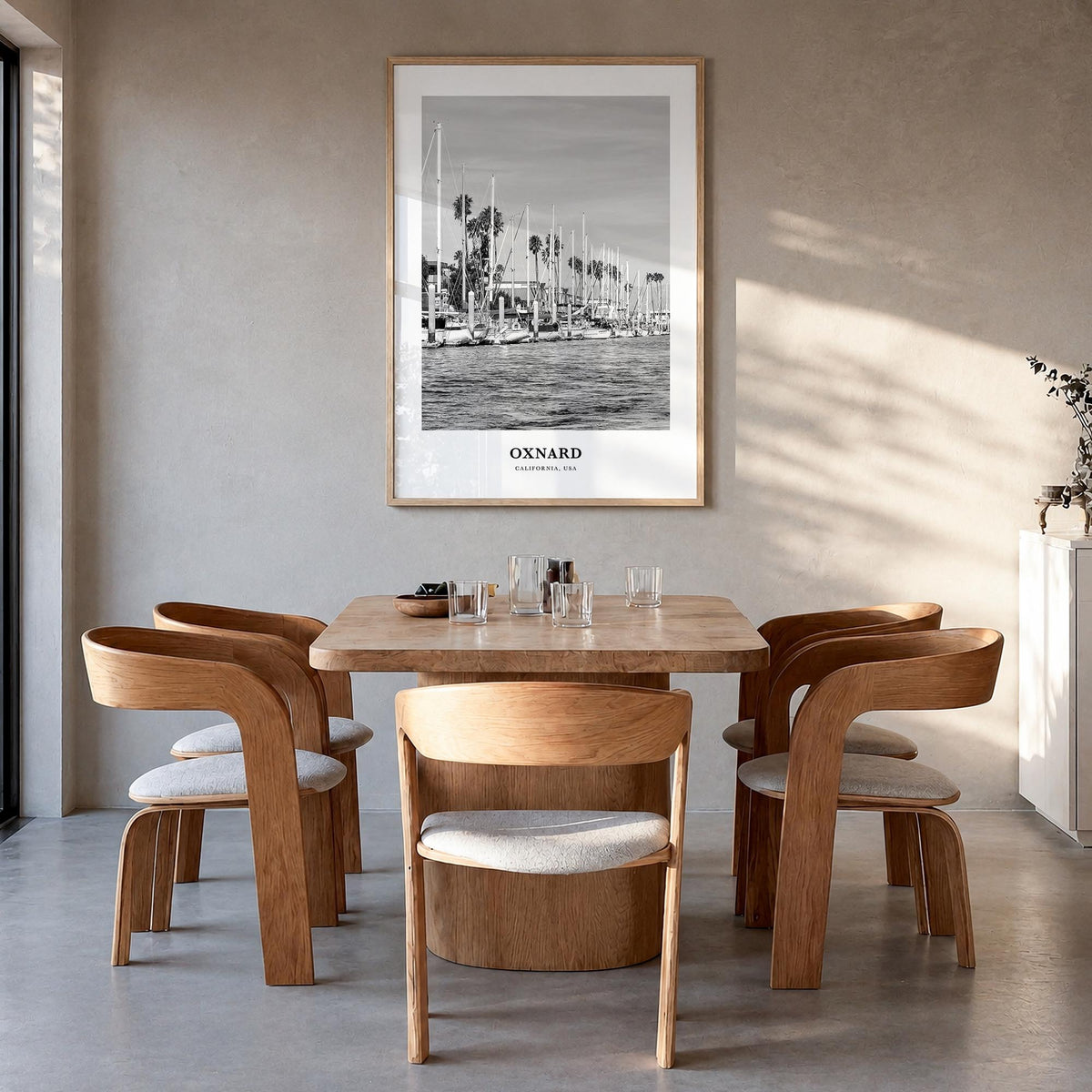 Oxnard black & white classic poster of California, USA – vertical wall art in natural wood frame, hanging on wall