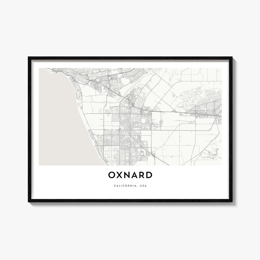Oxnard black & white map poster of California, USA – horizontal wall art, unframed print shown in interior mockup