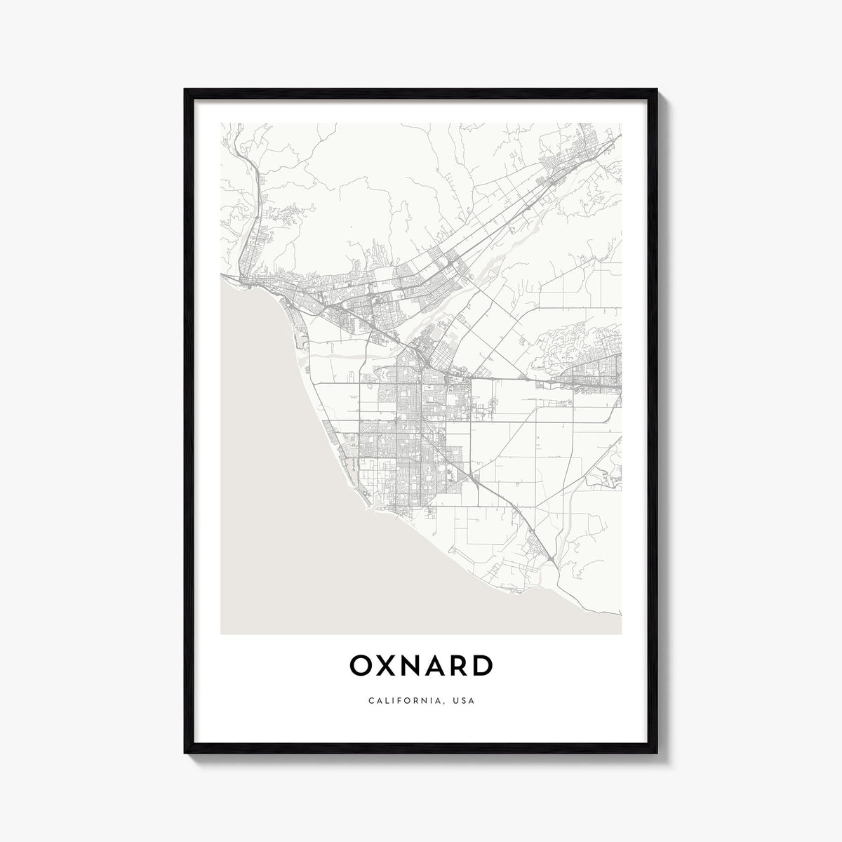 Oxnard black & white map poster of California, USA – vertical wall art, unframed print shown in interior mockup