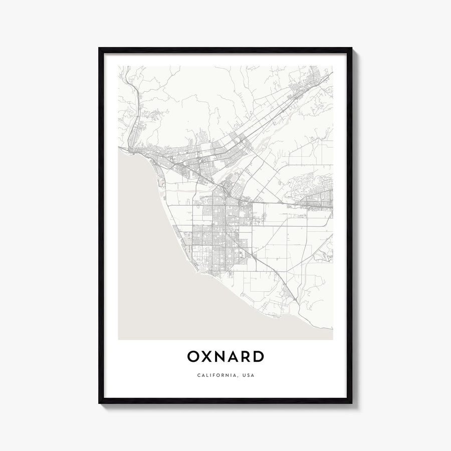 Oxnard black & white map poster of California, USA – vertical wall art, unframed print shown in interior mockup