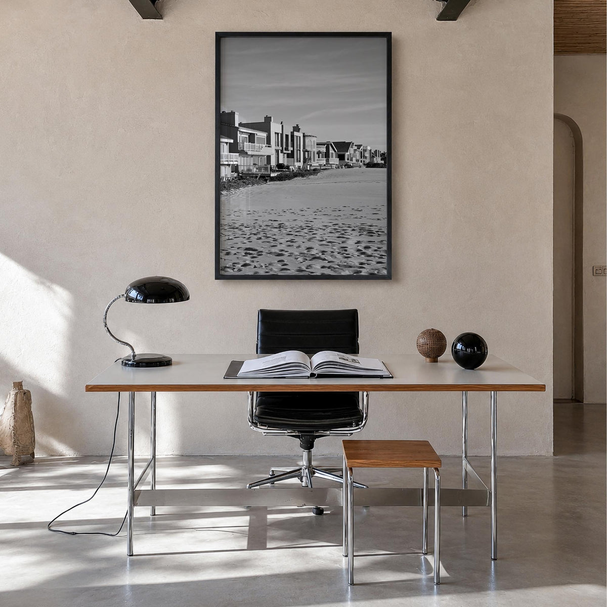 Oxnard black & white photo poster of California, USA – vertical wall art in black wood frame, hanging on wall