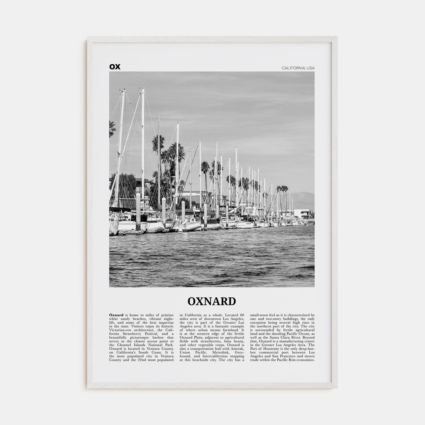 Oxnard Poster White Wood / 8x12 in Nbourhood Travel B&W Poster