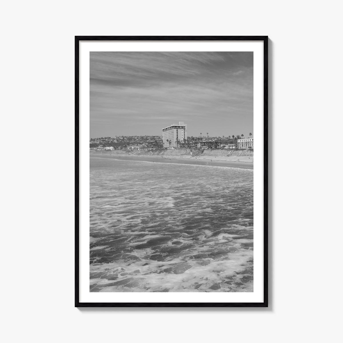 Pacific Beach black & white photo poster of San Diego, California – vertical wall art, unframed print shown in interior mocku