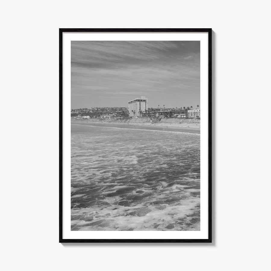 Pacific Beach black & white photo poster of San Diego, California – vertical wall art, unframed print shown in interior mocku